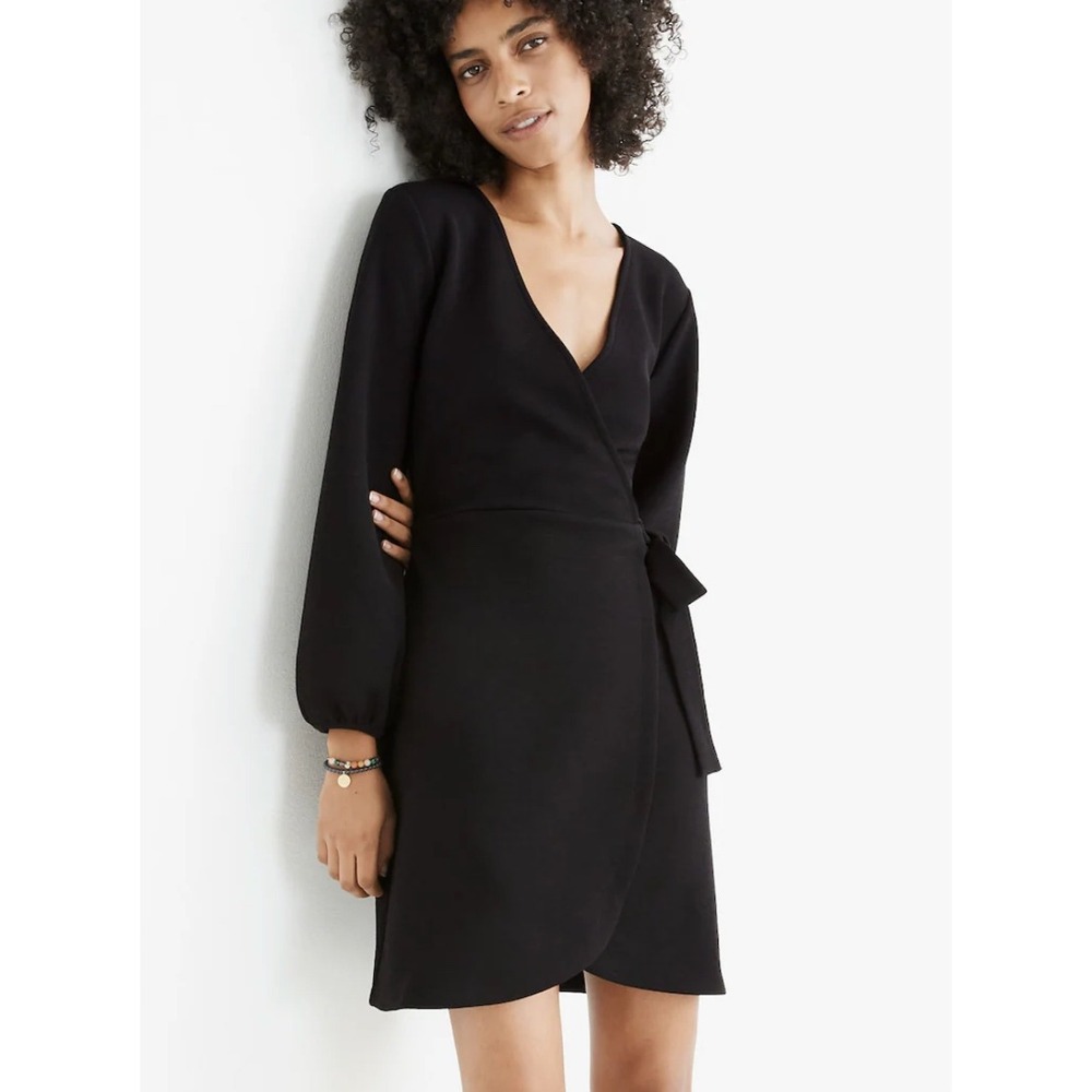 Madewell Texture & Thread Black Long Sleeve Side Tie Wrap Mini Dress Size M